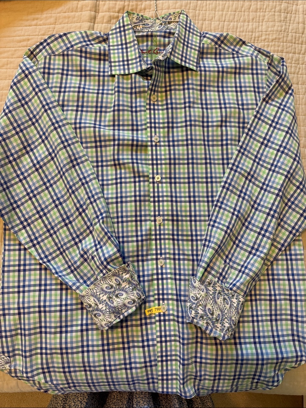 Robert Graham Blue & Green Plaid Dress Shirt with Paisley Cuffs size XL